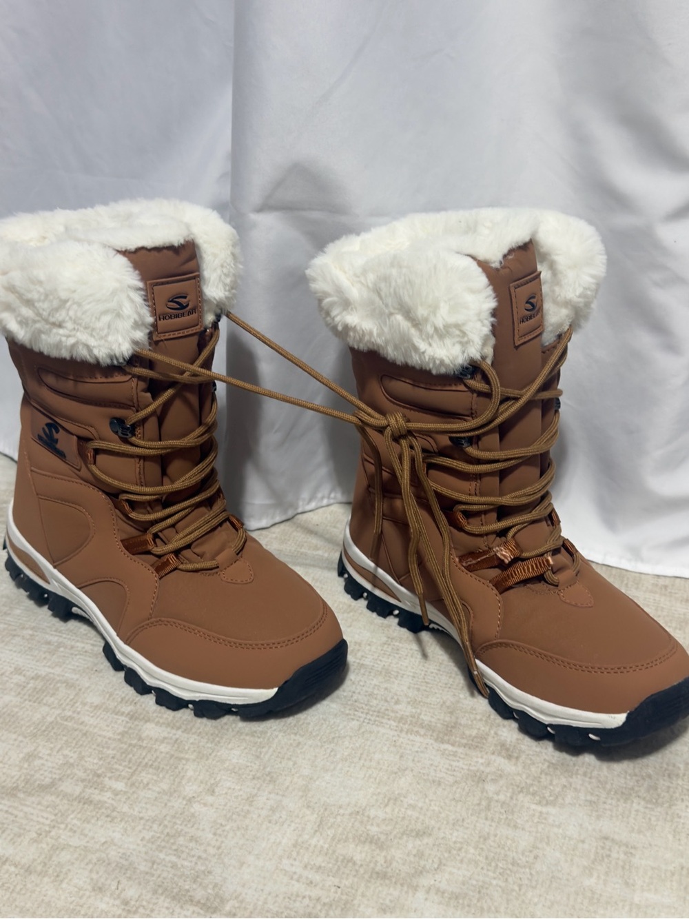 Hobibear Waterproof Winter Snow Boots Faux Fur Trim Lace Up Tan Brown